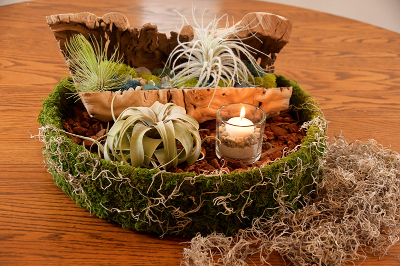 Succulents, rocks, pine cones, flowers in wood boxes for centerpieces